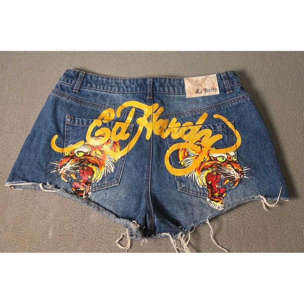 Vintage Ed Hardy Denim Cutoff Shorts Screaming Tiger Graphic Y2K Blue Size L